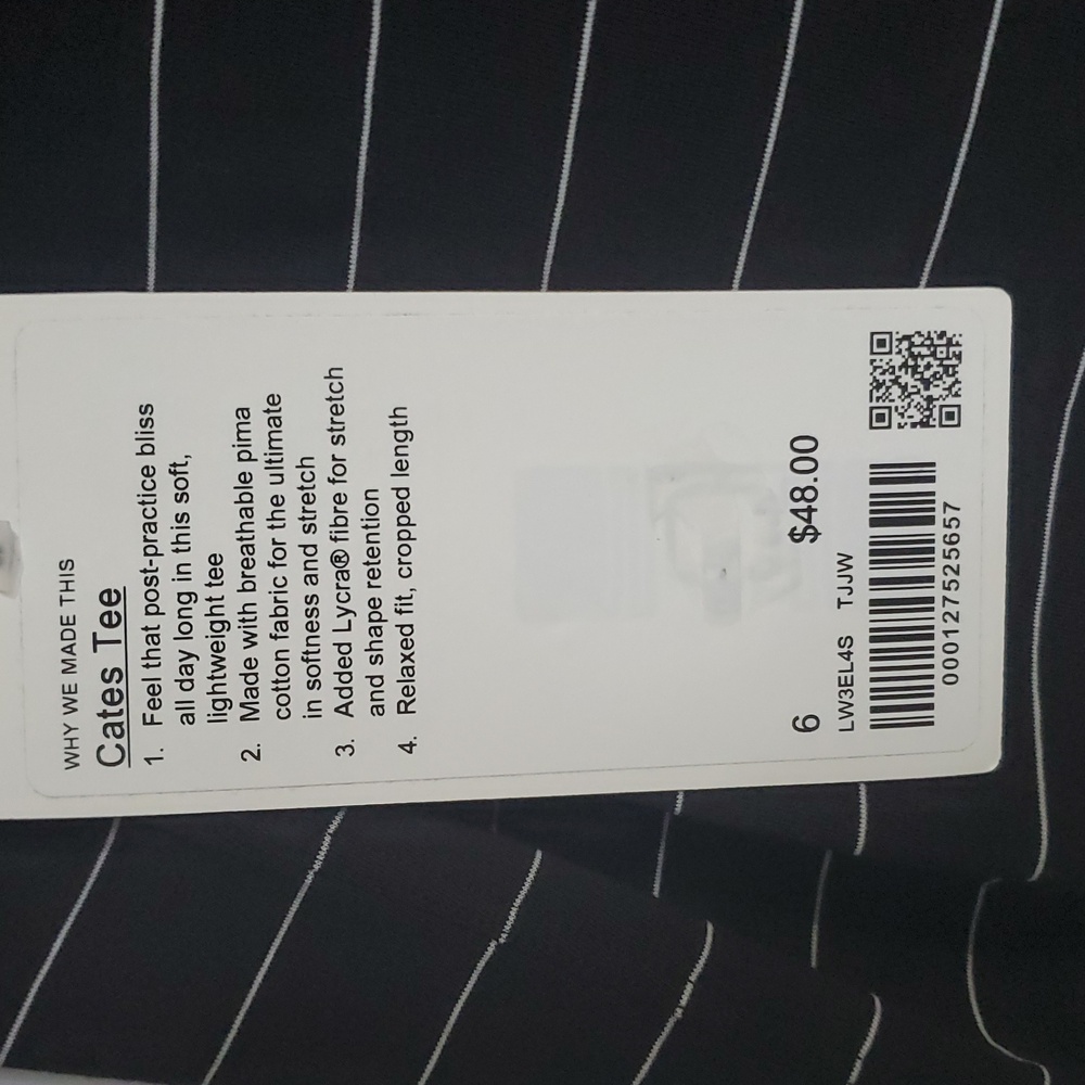 NWT lululemon Cates Tee Sz 4,6 Black/White Stripe - Picture 3 of 3